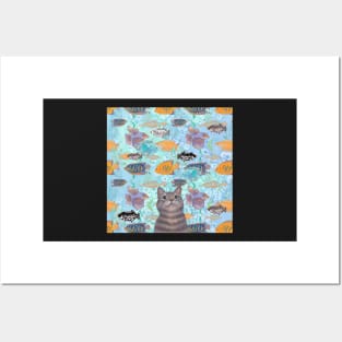 The fish thief - cute cat aqua pattern Posters and Art